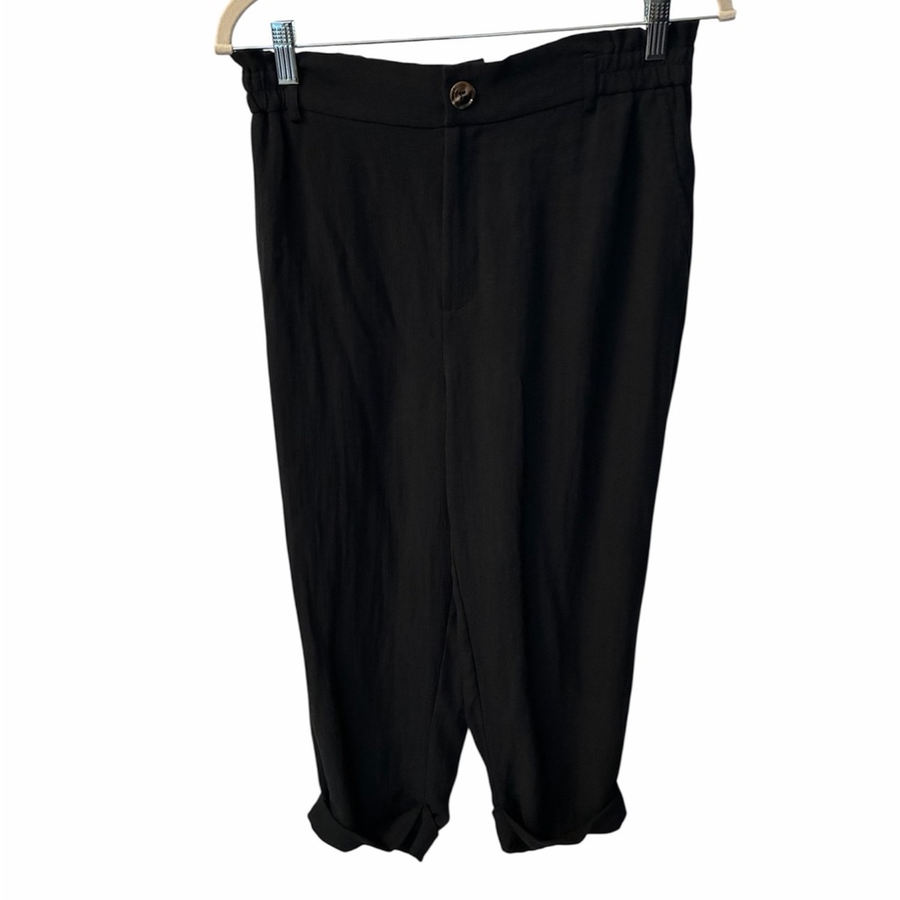 Halara Black High Waisted Roll Hem Capri Cropped Linen-Feel Pants Womens M